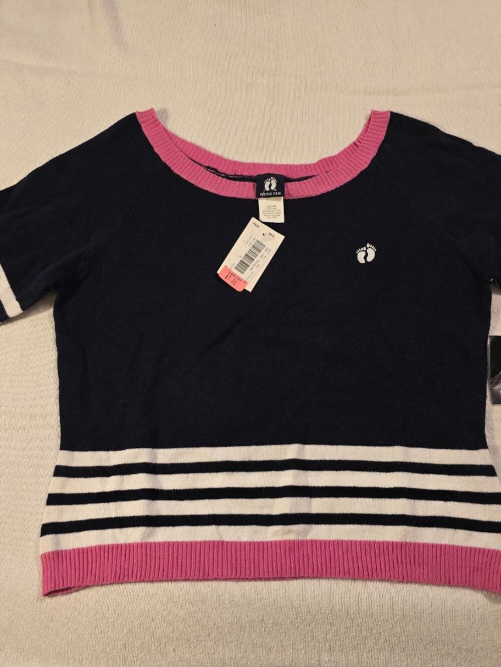 NWT Hang Ten Vintage Retro Style Navy Blue Striped Short Sleeve Sweater Medium